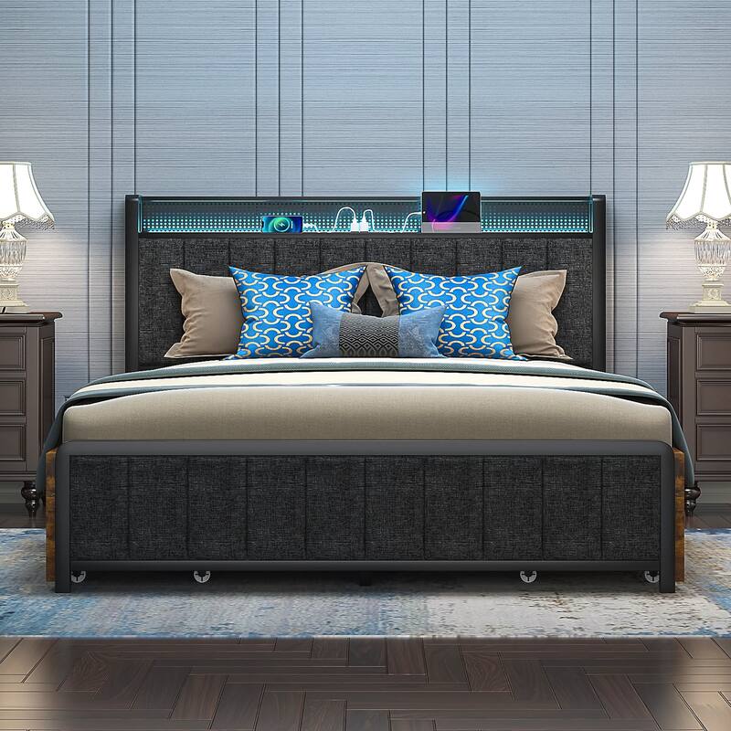 VECELO Bed Frames with Charging Stations, Upholstered Platform Beds with Storage Headboard and 4 Drawers - Brown - Queen