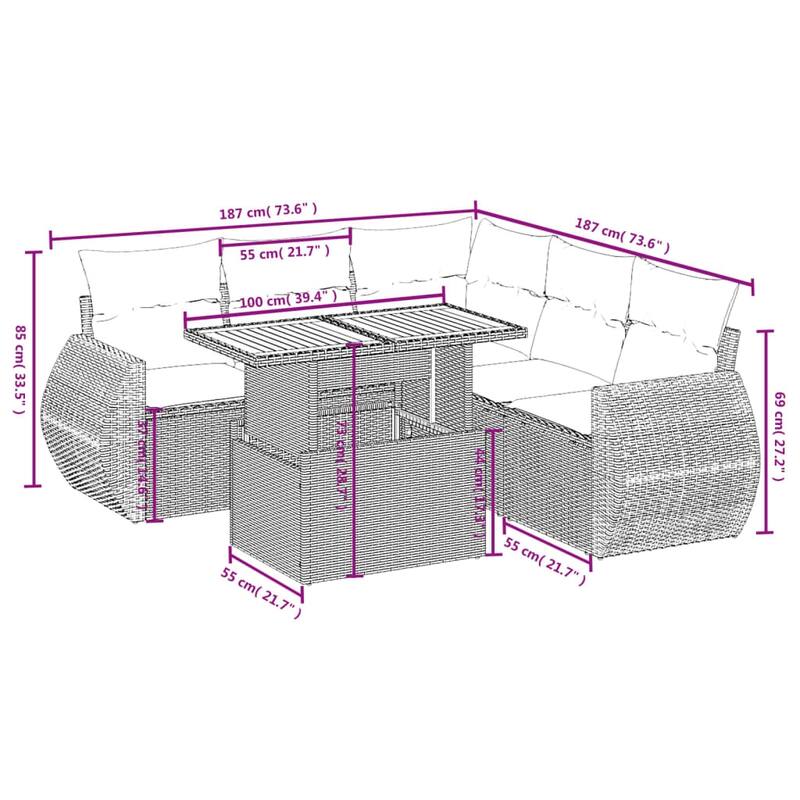 vidaXL Patio Sofa Set with Cushions Outdoor Furniture 6 Piece Poly Rattan - 24.4 x 24.4 x 27.2