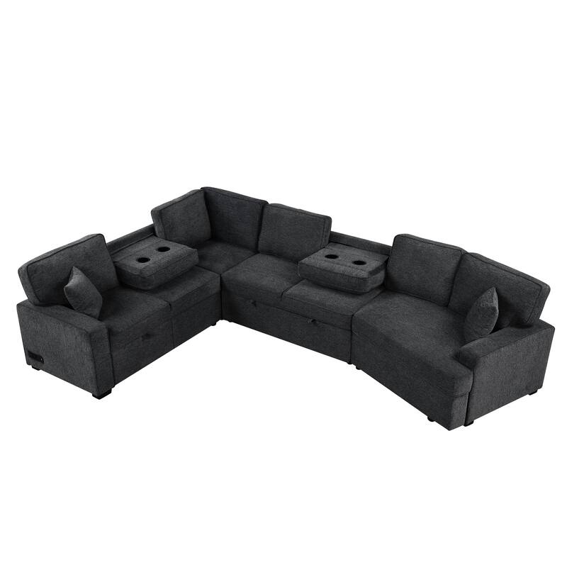 Modern L-Shaped Sectional Sofa with Pull-Out Bed, USB Ports and Drop-Down Cup Holder Tables for Living Room