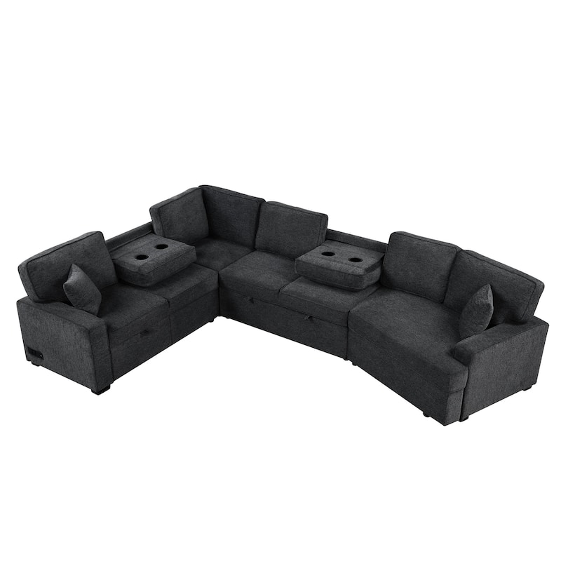 Roomfitters L-Shaped Sectional Sofa with Pull-Out Bed, Integrated Charging Devices, and Convenient Cup Holders