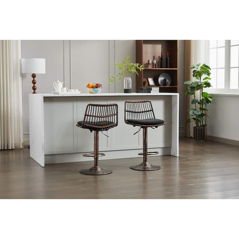 Set of 2 Vintage Rattan Bar Stool, 360° Swivel Seat Chair with Metal Base, Adjustable Height Counter Height Chair with Footrest