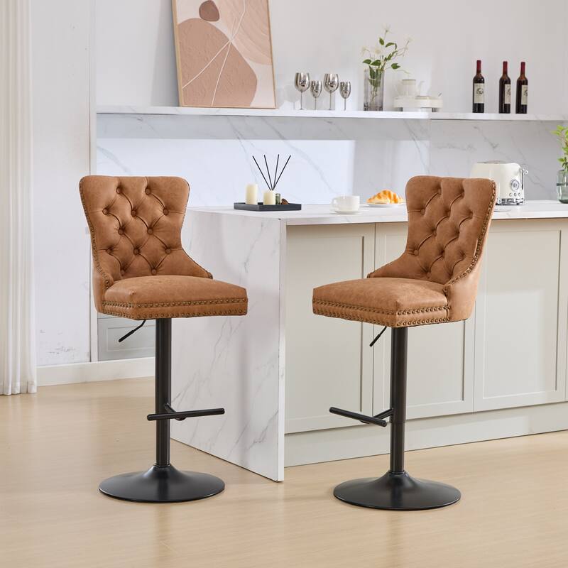 Roomfitters Adjustable Swivel Bar Stools Set of 2, Retro PU Leather Tufted Counter Chairs with Metal Base - Orange
