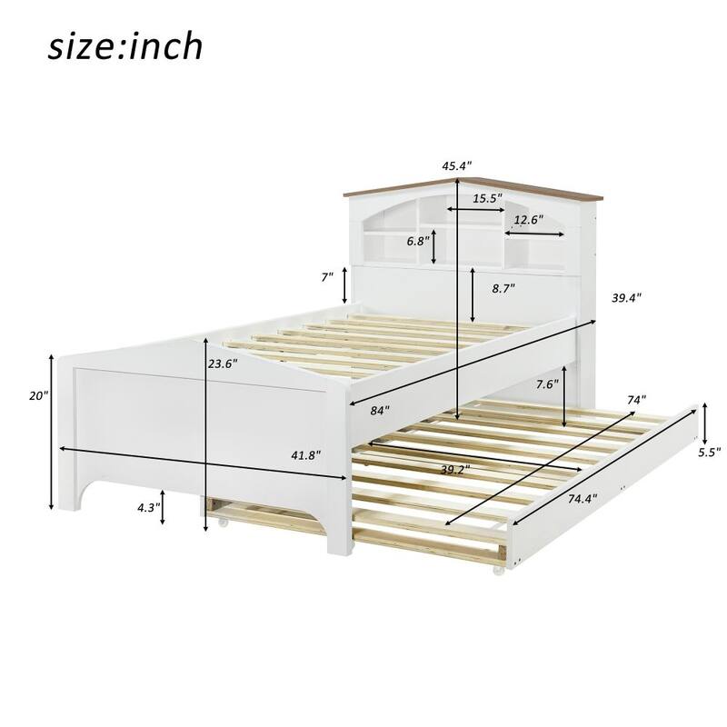 Twin Size Wood Platform Bed with House-shaped Storage Headboard and Trundle