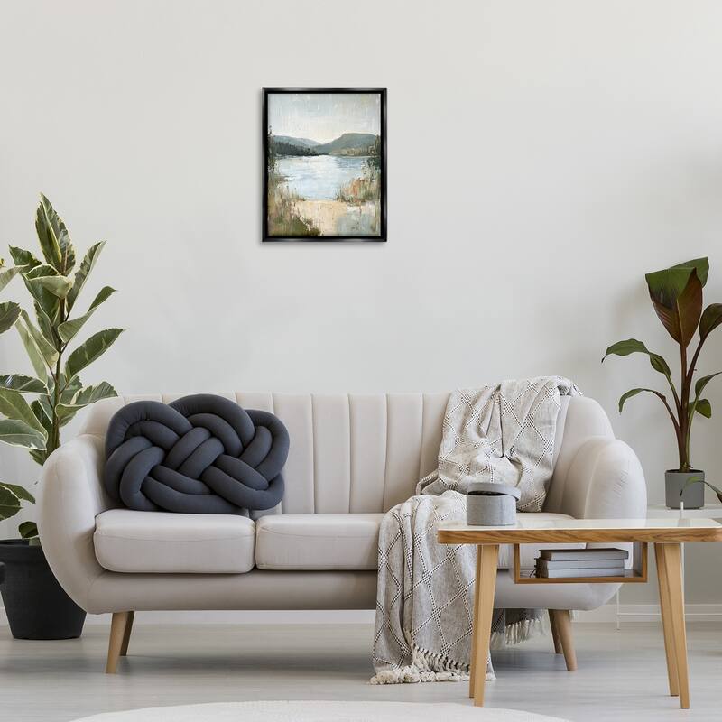 Stupell Abstract Lake Shore & Mountains Framed Floater Canvas Wall Art Design By Petal Prints Design
