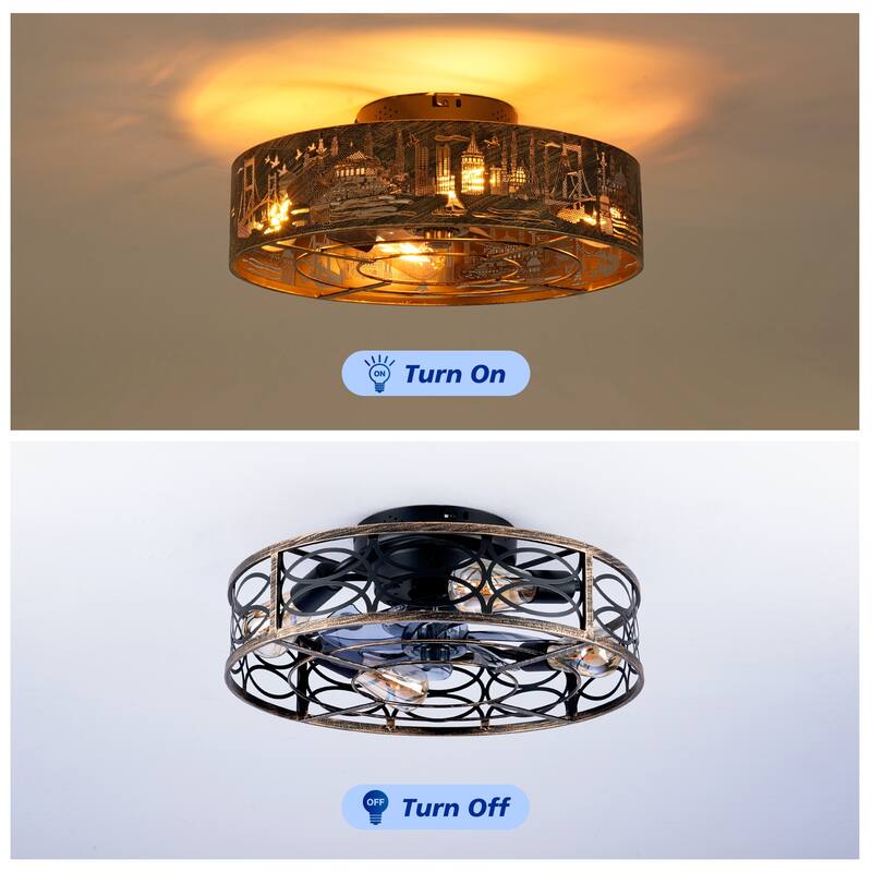 20 inch Flush Mount Ceiling Fan Light with Remote Caged Farmhouse Fandelier Black Wood Low Profile