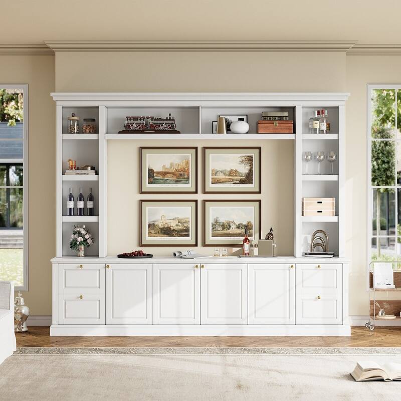 Mid-Century Modern Wall Unit Entertainment Center With Bookshelf For Tvs Up To 70", 94.8" TV Stand With Adjustable Shelf - White