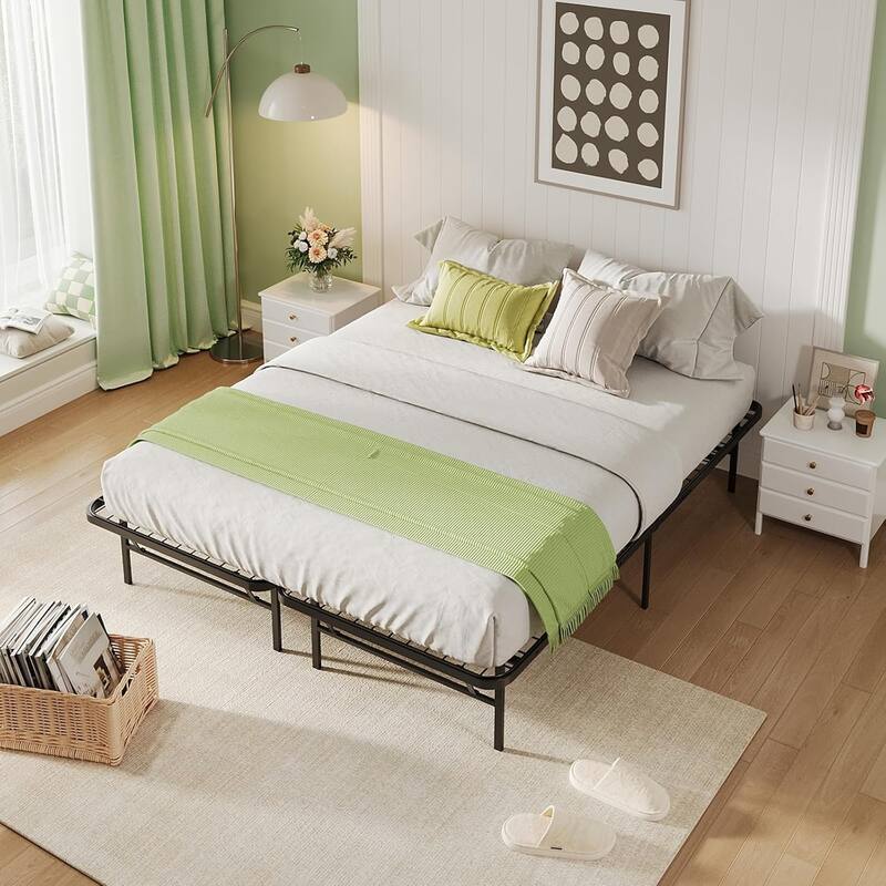 Black Steel Twin, Full and Queen Foldable Bed Frame, 14'' High, No Box Spring Needed