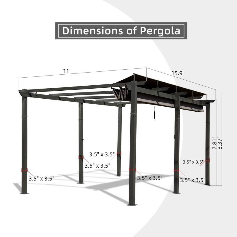 11 X 16 FT Outdoor Living Outdoor Retractable Pergola with Weather-Resistant Canopy Aluminum Garden Pergola Patio Grill Gazebo