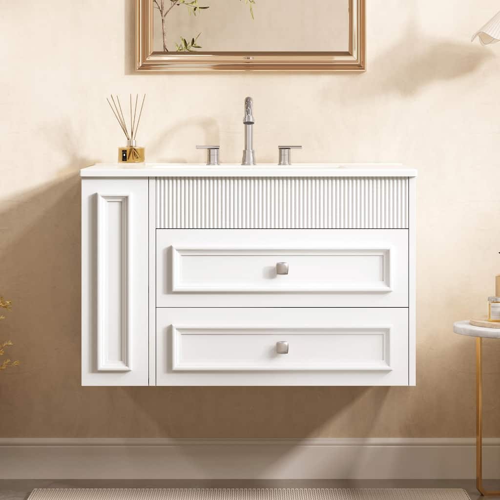 30" Wall Mounted Bathroom Vanity - Floating Storage Cabinet with 2 Drawers and 3-Hole Single Ceramic Sink