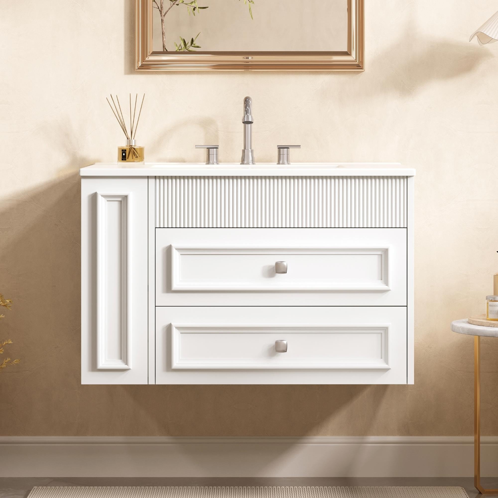 30" Wall Mounted Bathroom Vanity - Floating Storage Cabinet with 2 Drawers and 3-Hole Single Ceramic Sink