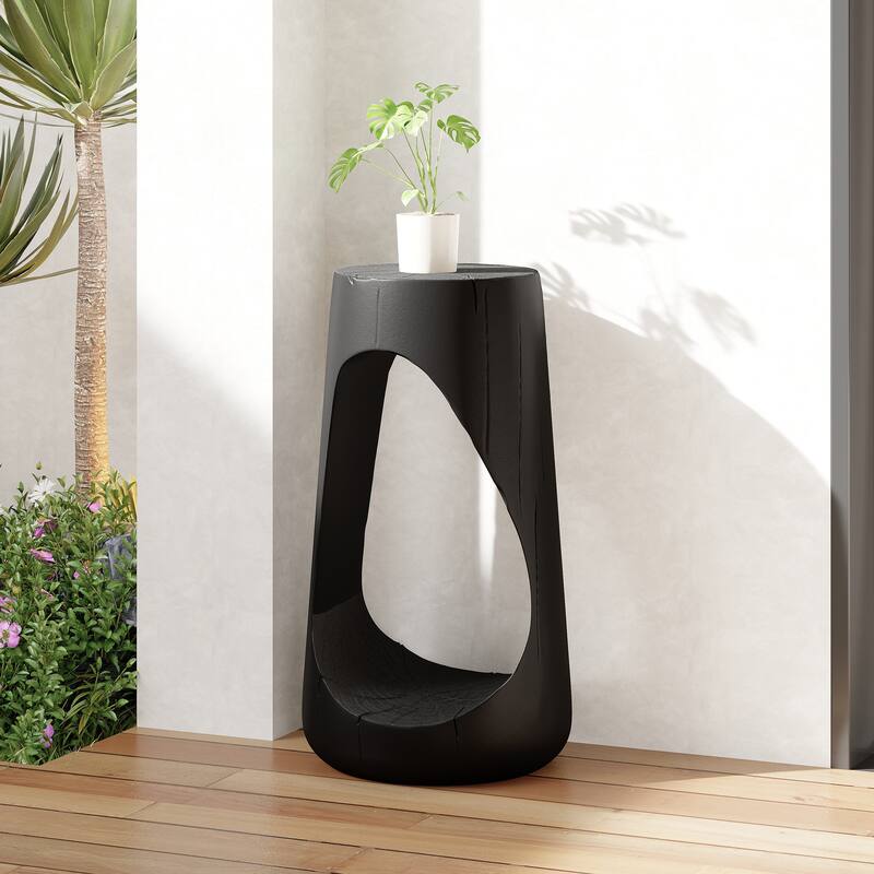 Roomfitters Hollow Sculptural Outdoor Side Table, Wood-Look Lightweight Concrete Garden Stool - Black