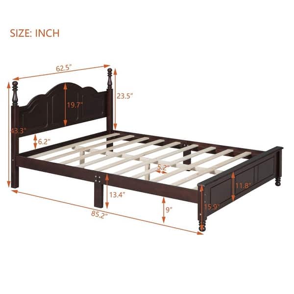 dimension image slide 1 of 2, Queen Size Wood Platform Bed Frame,Retro Style Platform Bed