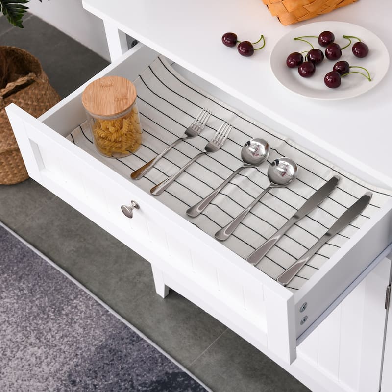 Elegant Buffet with Hutch, Kitchen Pantry Storage Cabinet with Framed Glass Door Drawer and Microwave Space, White - White