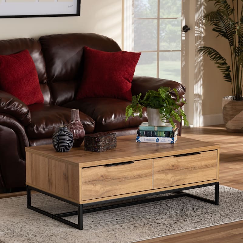 Franklin Oak Brown Wood and Black Metal 2-Drawer Coffee Table