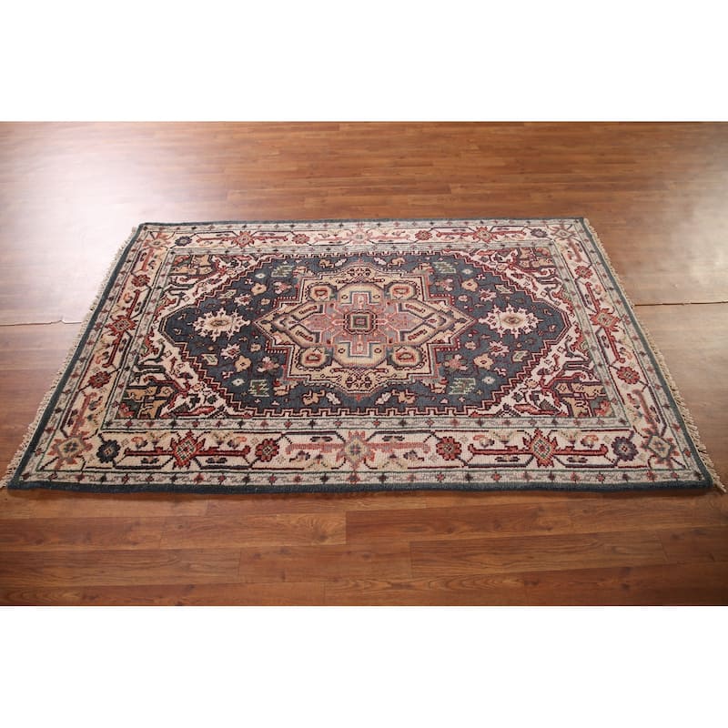 Blue Heriz-Serapi Oriental Accent Rug Handmade Wool Carpet - 4'0"x 6'0"