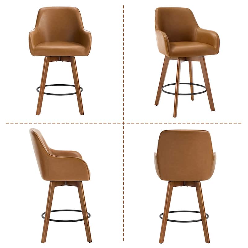 25 Inch Upholstered Swivel Counter Height Bar Stool with Armrests, Solid Wood Legs - 23.6"W x 22.4"D x 40.2"H