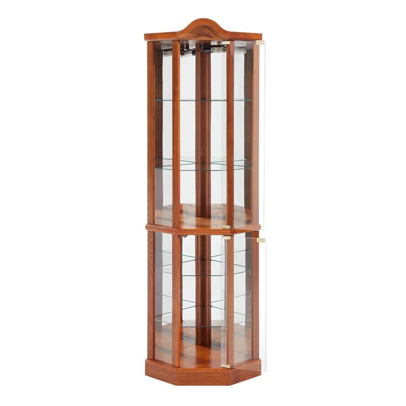 Glass Corner Curio Display Bar Cabinet with Light, Adjustable Shelves