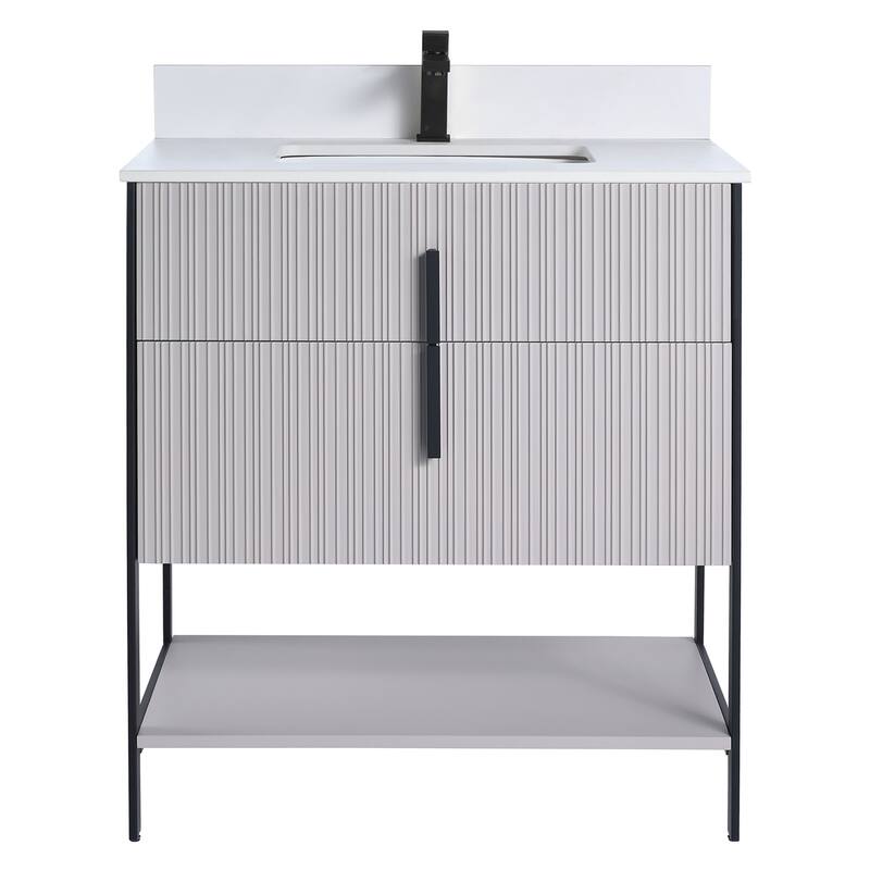 Fine Fixtures Serenity Modern Bathroom Vanity with White Stone Top - Bright Taupe - Black Hardware - 30 inch