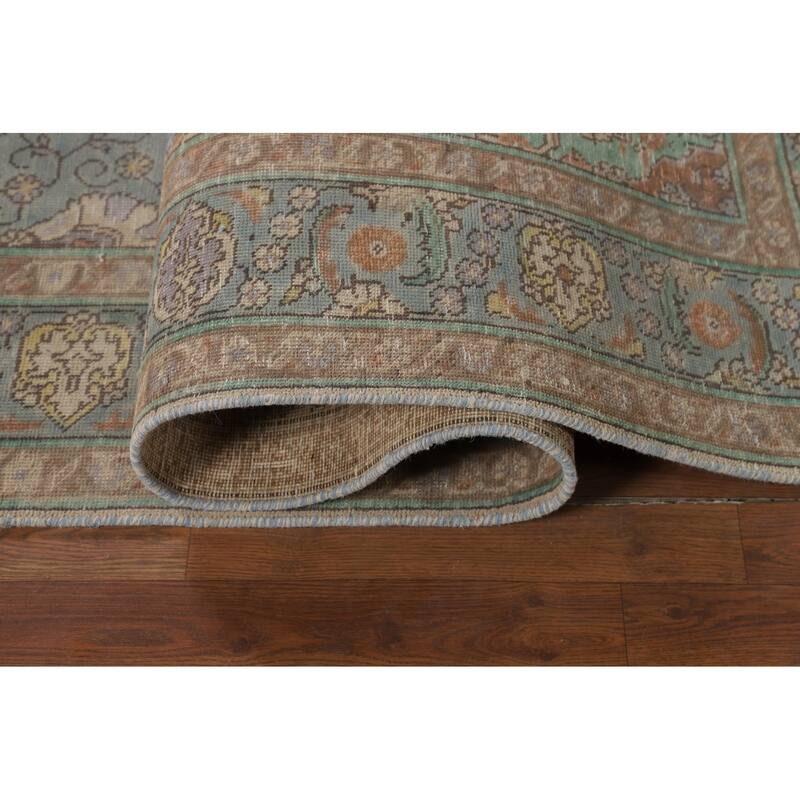 Hand Knotted Oriental 100% Wool Carpet Traditional Floral Navy Blue & Blues Tabriz Area Rug - 8' 11'' X 5' 8''