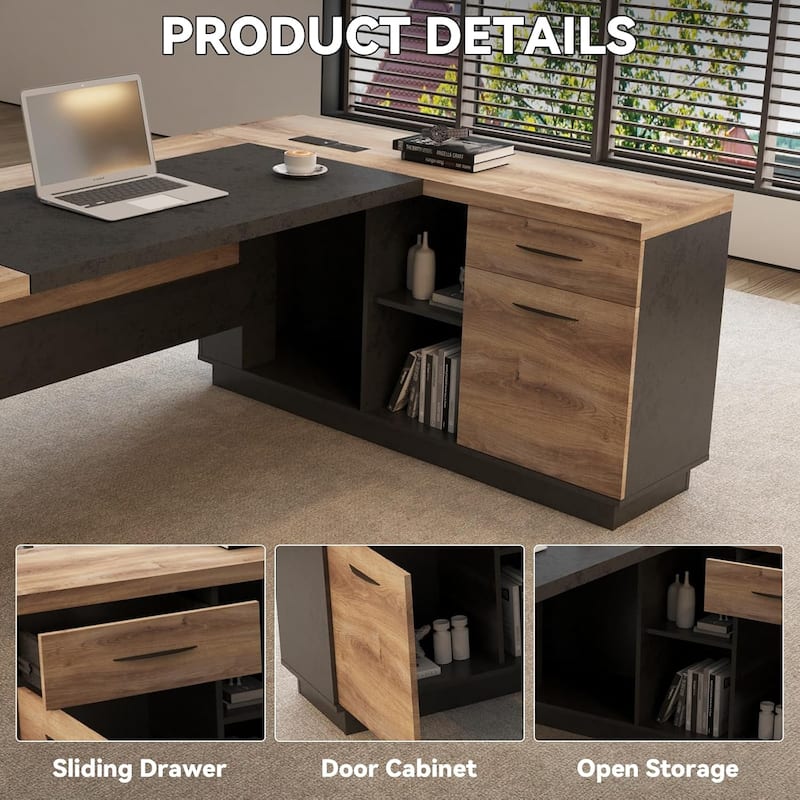 WESOME 78.74in Modern L-Shaped Executive Desk with Drawer 2-Tier Storage Shelves Cabinets