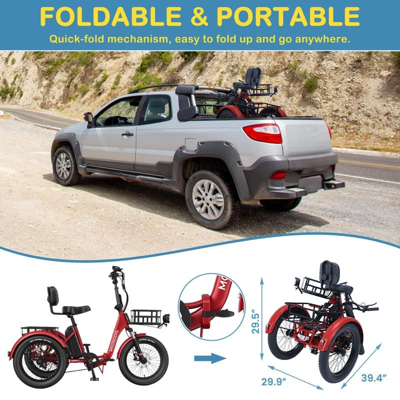 Folding Electric Tricycle for Adults, w/ Basket and Removable Battery