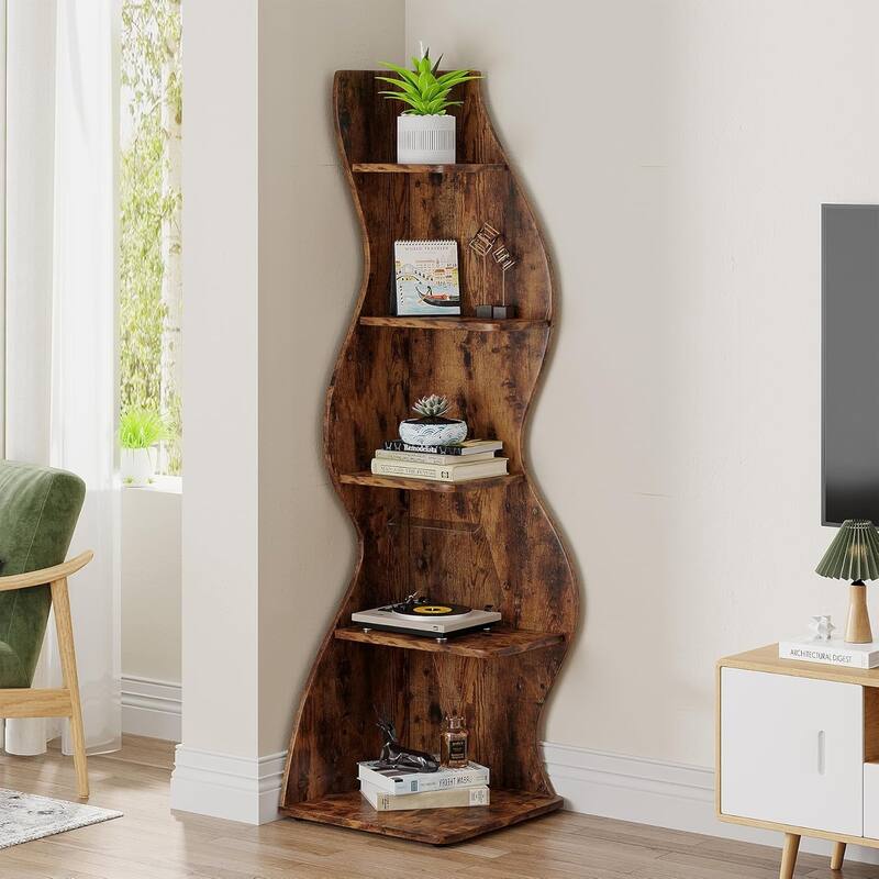 Corner Shelf Bookcase Bookshelf with Unique Shape for Living Room, Home Office