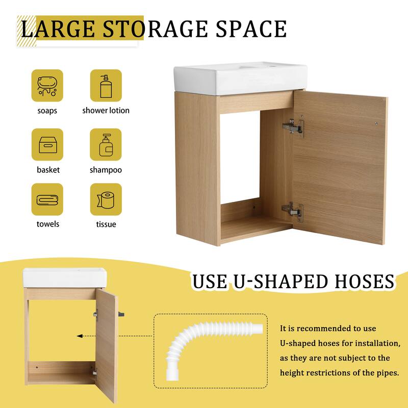 16'' Wall-Mounted Bathroom Vanity with Ceramic Sink, Soft-Close Cabinet Door, & Metal Handle - Space-Saving Design