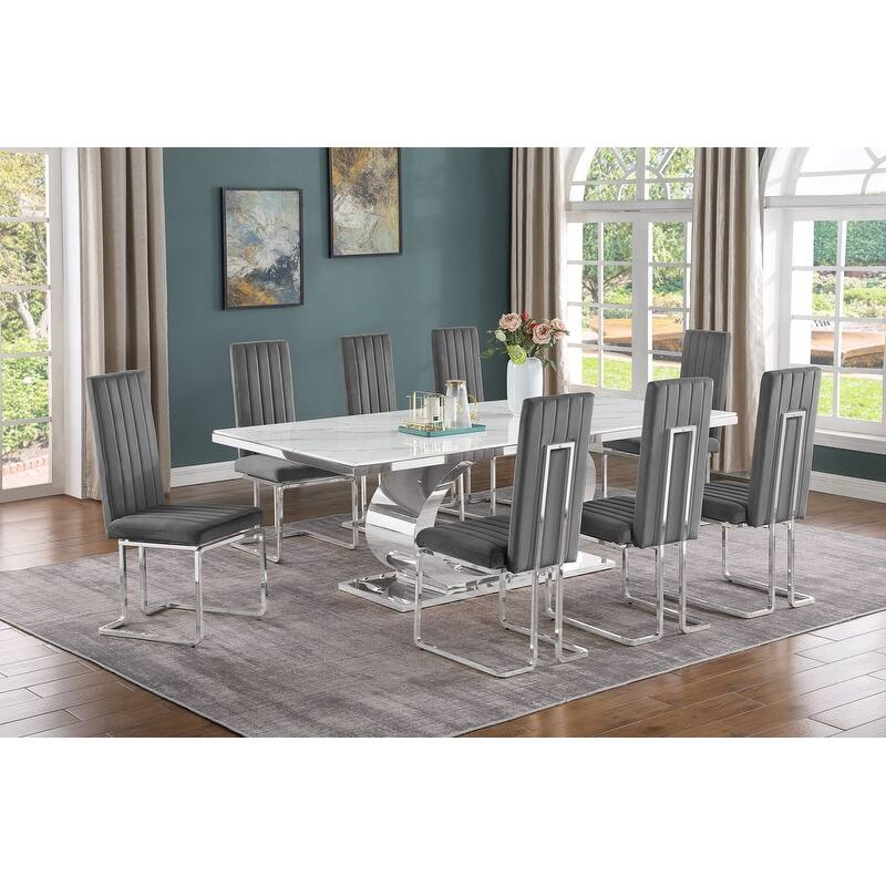 Best Quality Furniture D432/3-SC340-7 Dining Set with 87" White Marble Top - Dark Grey / Silver - 9-Piece