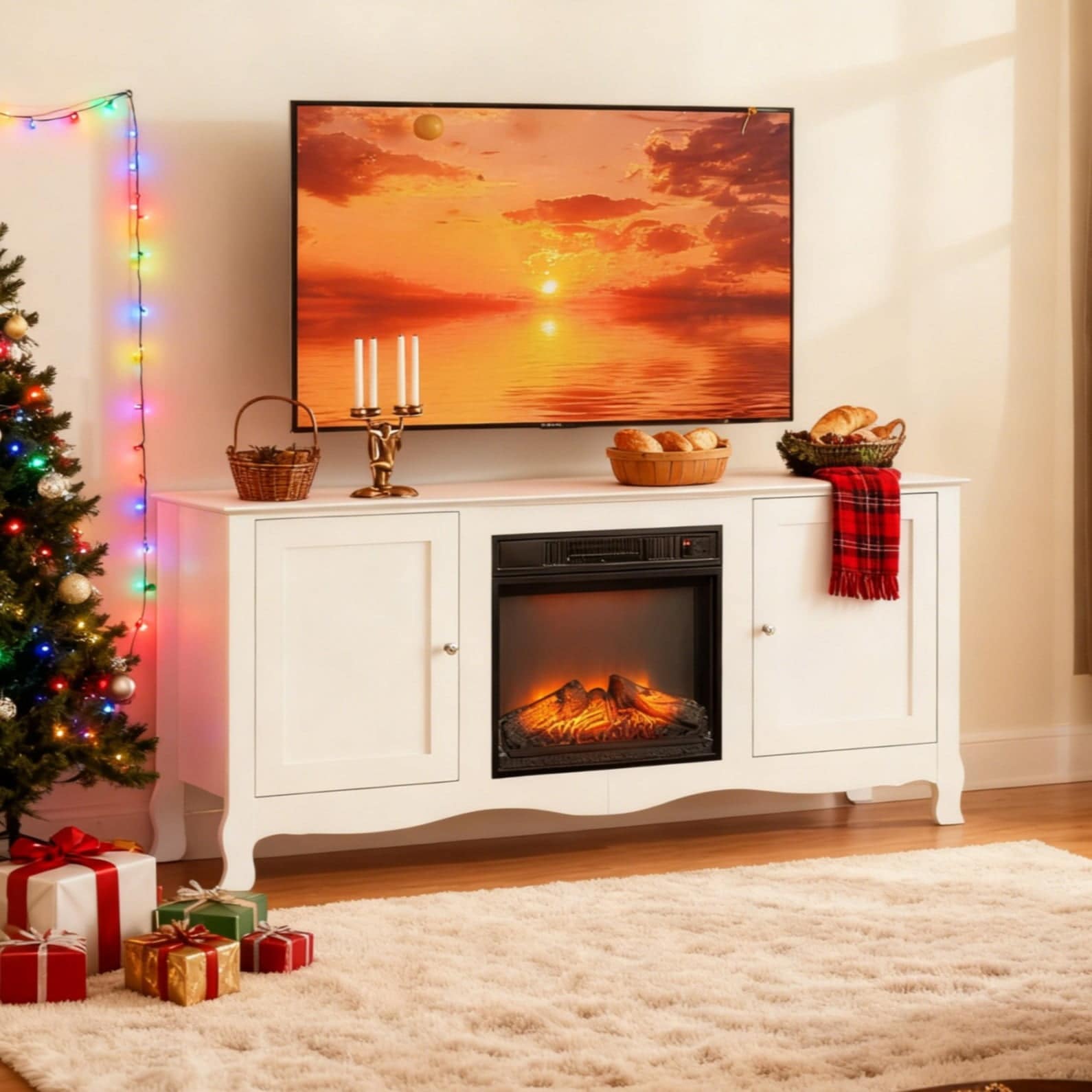 58-inch White Entertainment Center with Electric Fireplace, Curved Legs and Storage for 55-65 inch TVs