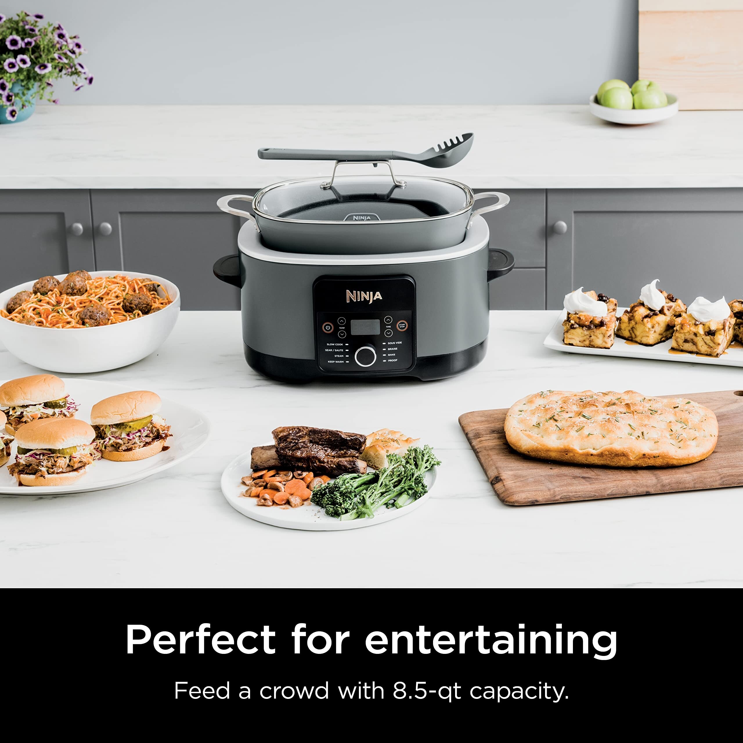8.5 Quart Multi Cooker with 8 in 1 Slow Cooker Dutch Oven Steamer Glass Lid Integrated Spoon Oven Safe Pot to 500 F Sea Salt Grey