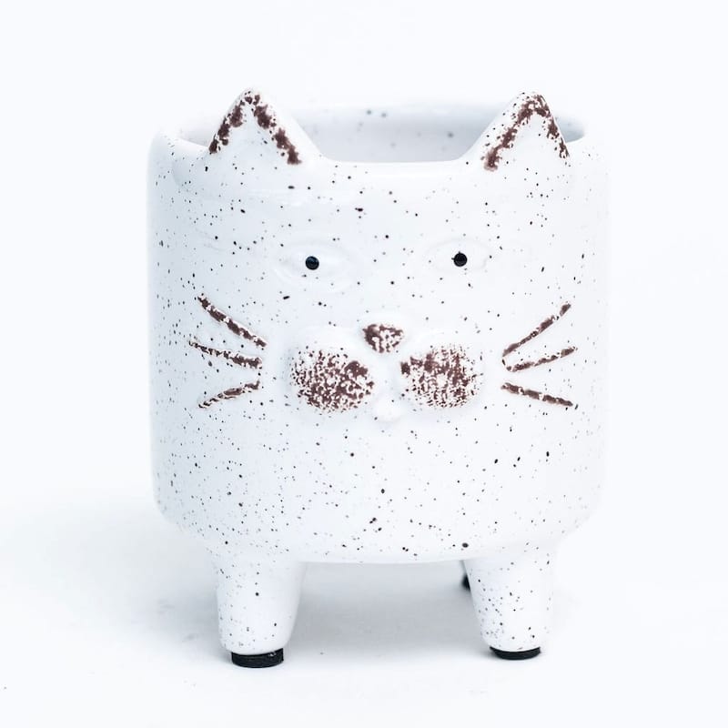 Footed White Speckled Cat Planter - White