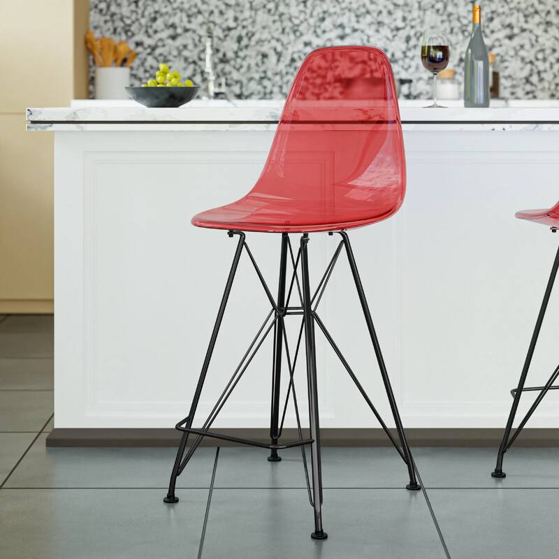 Cresco Acrylic Barstool in Brushed Black Steel Base with Ergonomic Seat, Footrest, & Floor Pads for Kitchen or Home Bar Set of 2