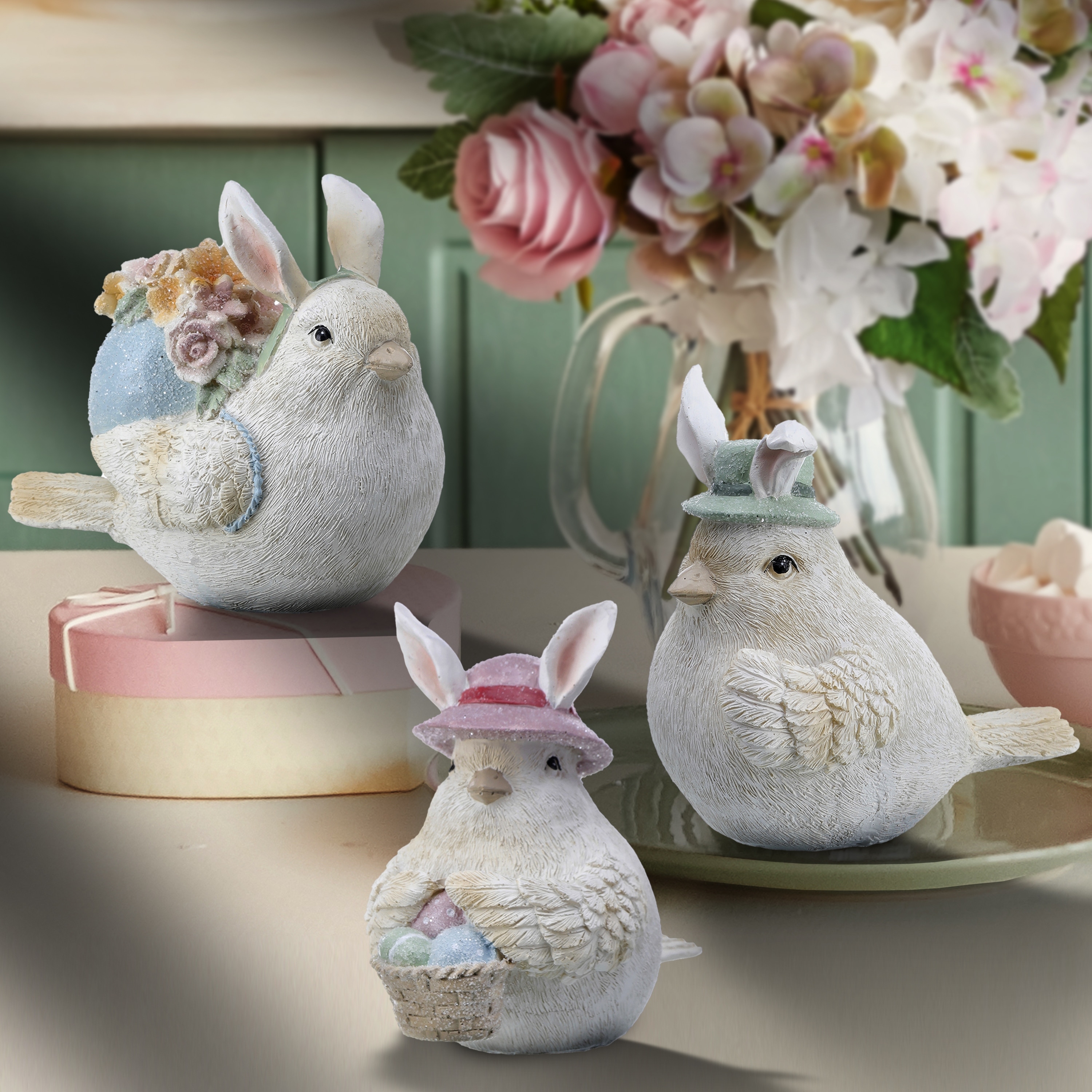 Resin Glitter Bunny Ear Chicks 4" Set of 3