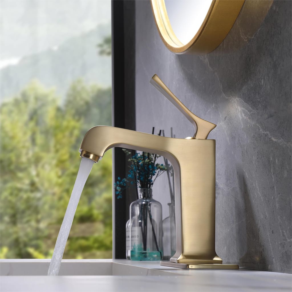 Modern Bathroom Sink Faucet Single Hole with Single Handle & Deck Plate in Gold
