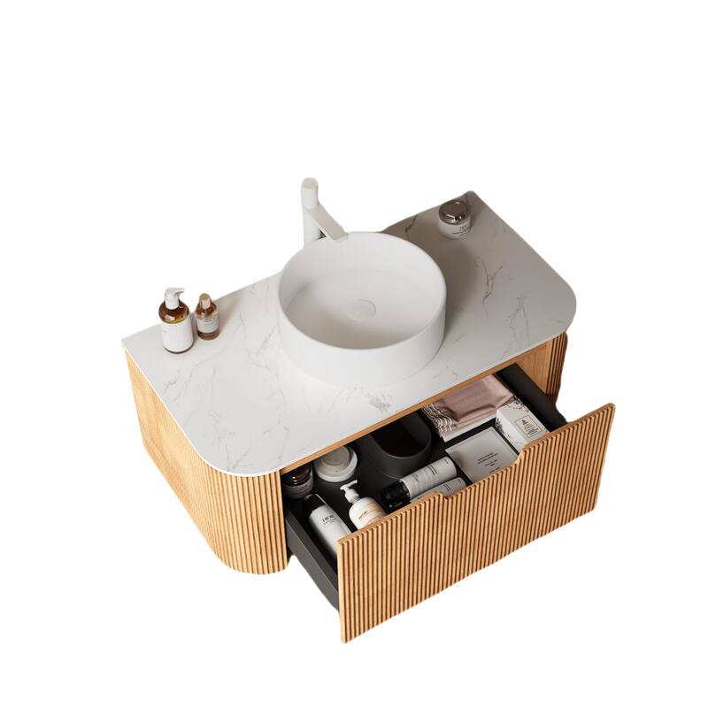 36" Pre-assembled Floating Bathroom Vanity with Stone Top & Ceramic Basin, Curved Cabinet with Drawer in Natural Woodgrain