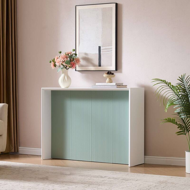Lira Contemporary Wood Ripple Front Console Table - White / Ice Blue