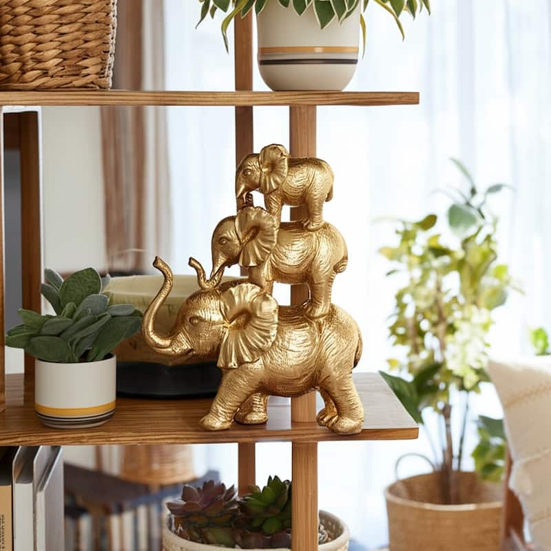 Resin Stacked Raised Trunk Elephants Figurine - Gold, 10"