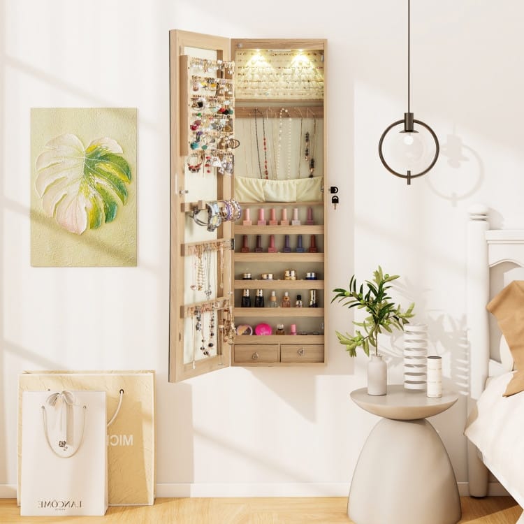 LED Lights Wall and Door Mounted Jewelry Storage Lockable Cabinet with Full Length Mirror - 14" x 4" x 54.5" (L x W x H)
