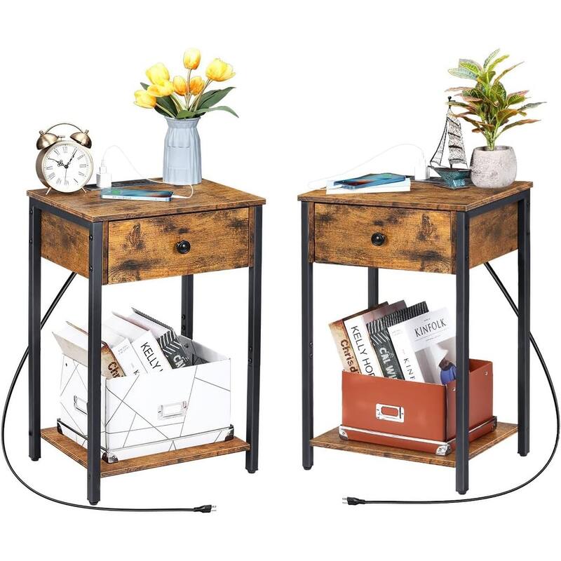 Set of 2 Nightstand with Charging Station - Brown