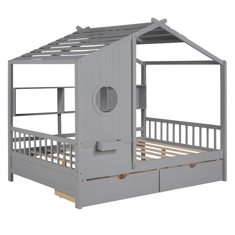 Full Wooden House Bed with Roof, Drawers, and Shelf