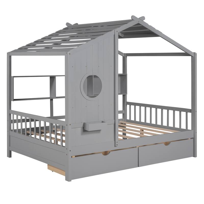 Pine House Bed with Drawers, Shelf & Roof