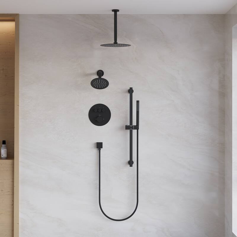Ceiling/Wall Mount Multifunction Dual Shower System 10 in. 3-Function Round Shower Head With Hand Shower - Matte Black