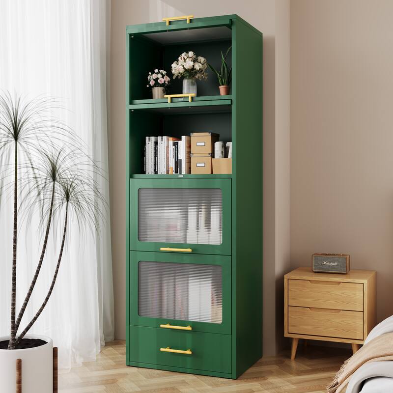Freestanding Metal Display Storage Cabinet,Cupboard with Flip-up Acrylic Doors and Drawer