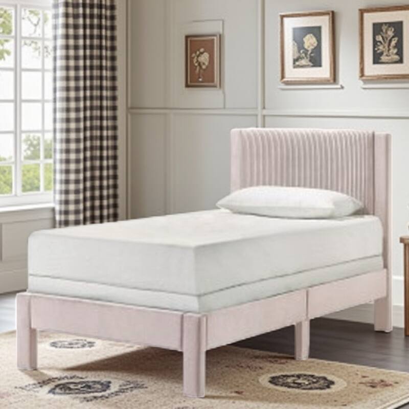 Twin Size Upholstered Platform Bed with Ribbed Plush Headboard, Low-Profile Frame for Youth Bedrooms - Twin Pink - Twin