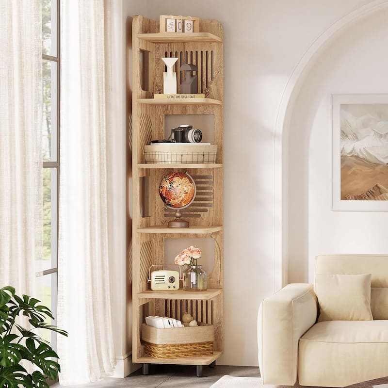 6-Tier Narrow Corner Shelf Stand, 71-Inch Rustic Tall Corner Bookshelf