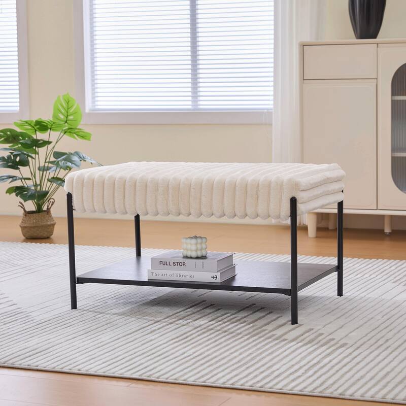 ​Upholstered Storage Ottoman - Open Shelf & Faux Fur Top