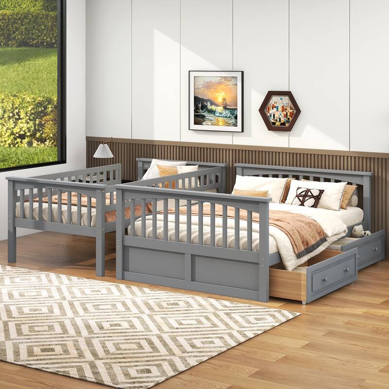 Convertible Twin over Full Bunk Bed with Storage Drawers, Gray