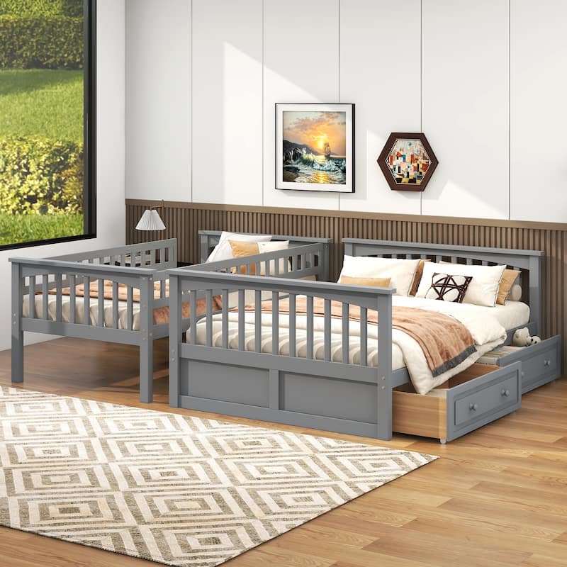 Wooden Twin over Full Bunk Bed with 2 Drawers, Detachable into 2 Beds, Solid Pine Wood Bunk Bed Frame with Fence Guardrail