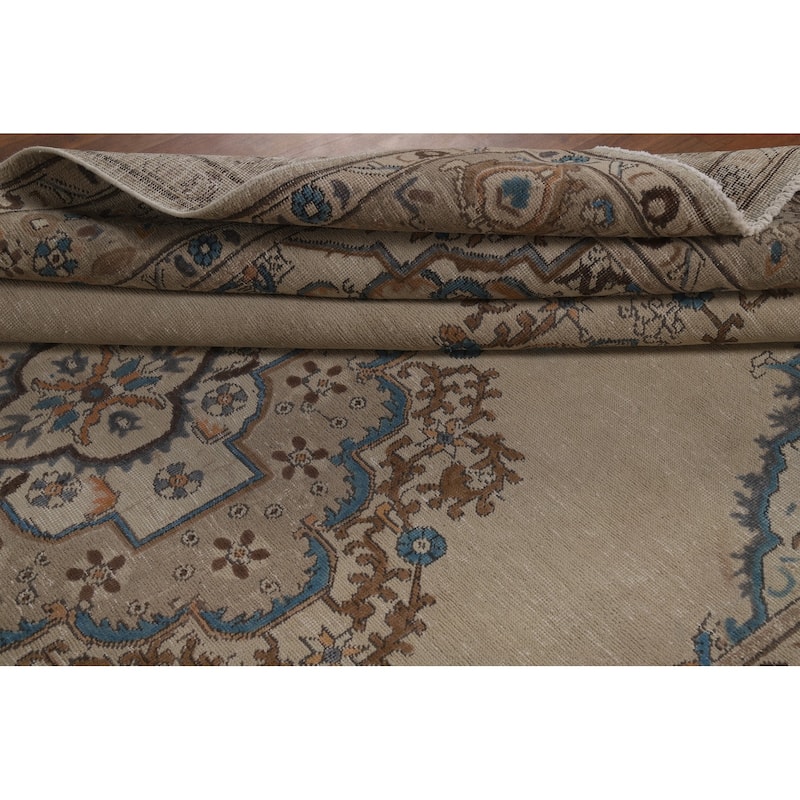 Hand Knotted Oriental 100% Wool Carpet Traditional Medallion Beige & Ivories Tabriz Area Rug - 11' 7'' X 8' 4''
