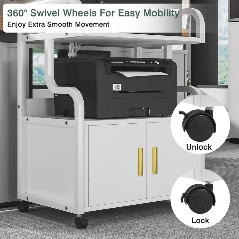 VECELO Mobile Printer Stand with Outlets & Locking Wheels White Rolling Cart Home Office Cart with USB Charging Station